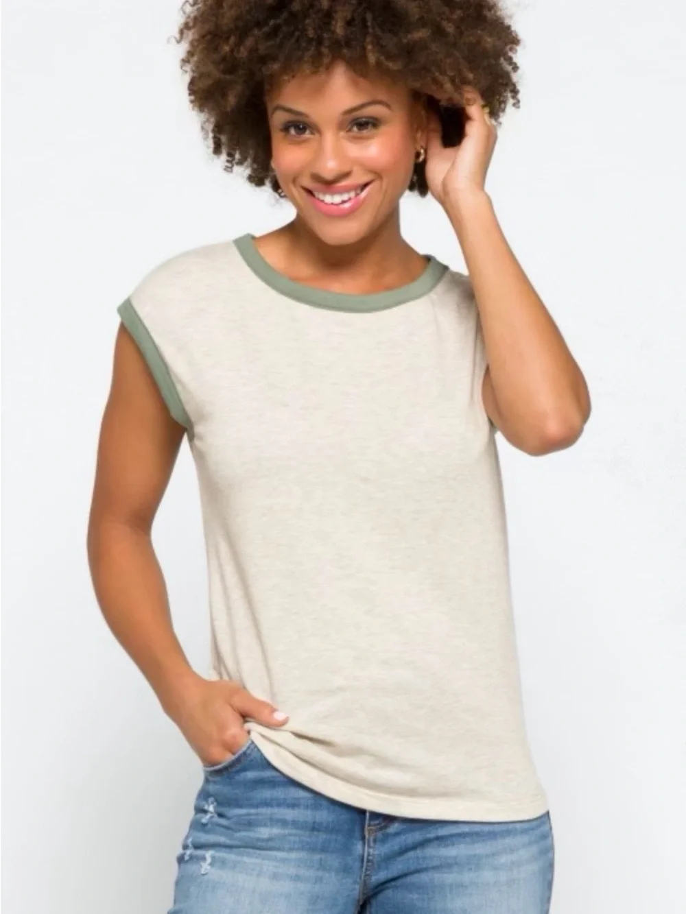 Pink Clover Iggy Short Sleeve Knit Top Cream with Sage Trim - Picture 1 of 10